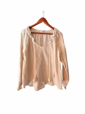 lovestitch Cream Gauze Peasant Top with Tassel Tie